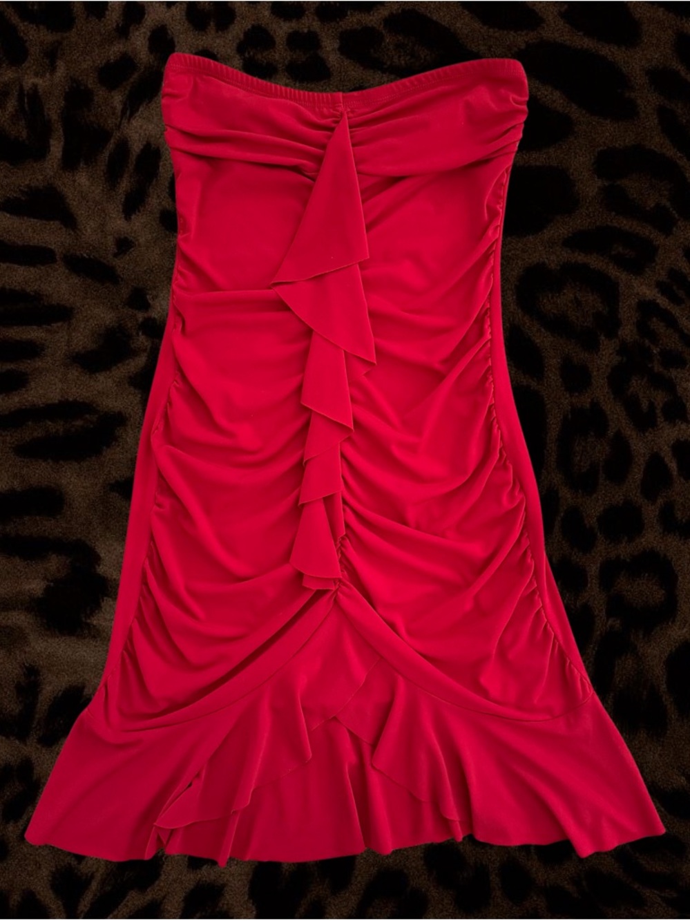 Y2K Strapless Red Ruffle Trim Dress